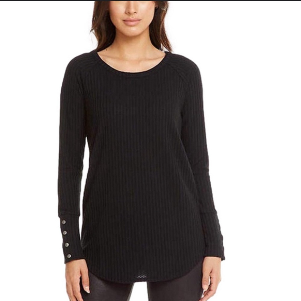 Black Waffle Knit Long Sleeve Top Four Buttons at Cuffs for Style Size M